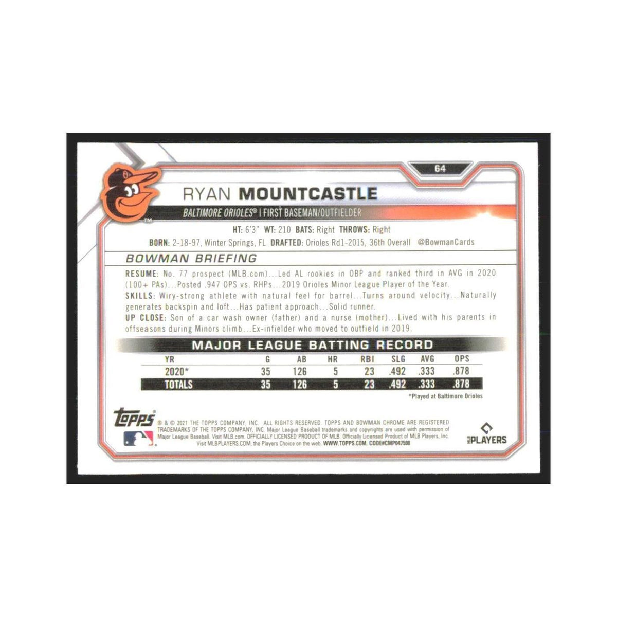 2021 Bowman Chrome Ryan Mountcastle RC Orioles #64