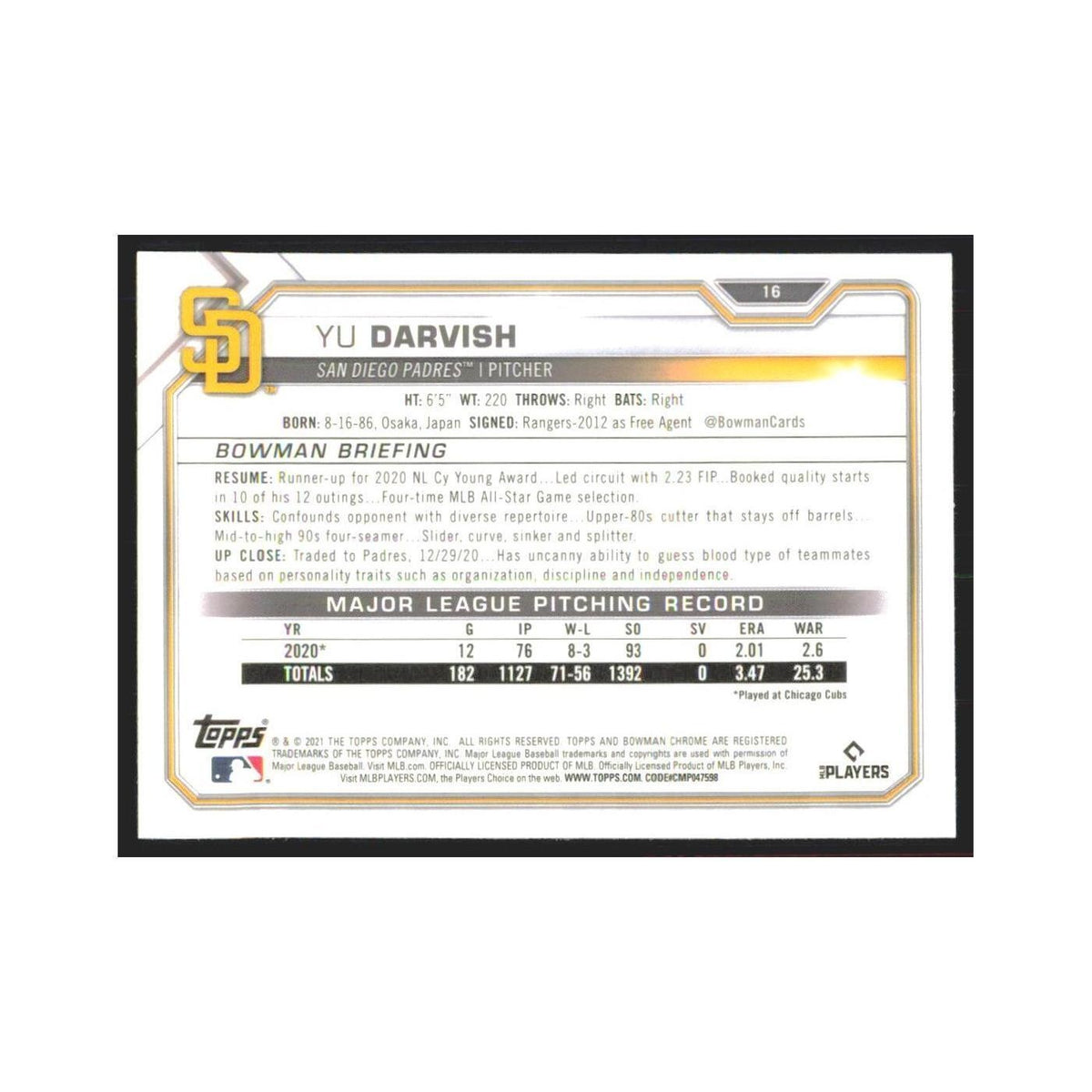 2021 Bowman Chrome Yu Darvish Padres #1