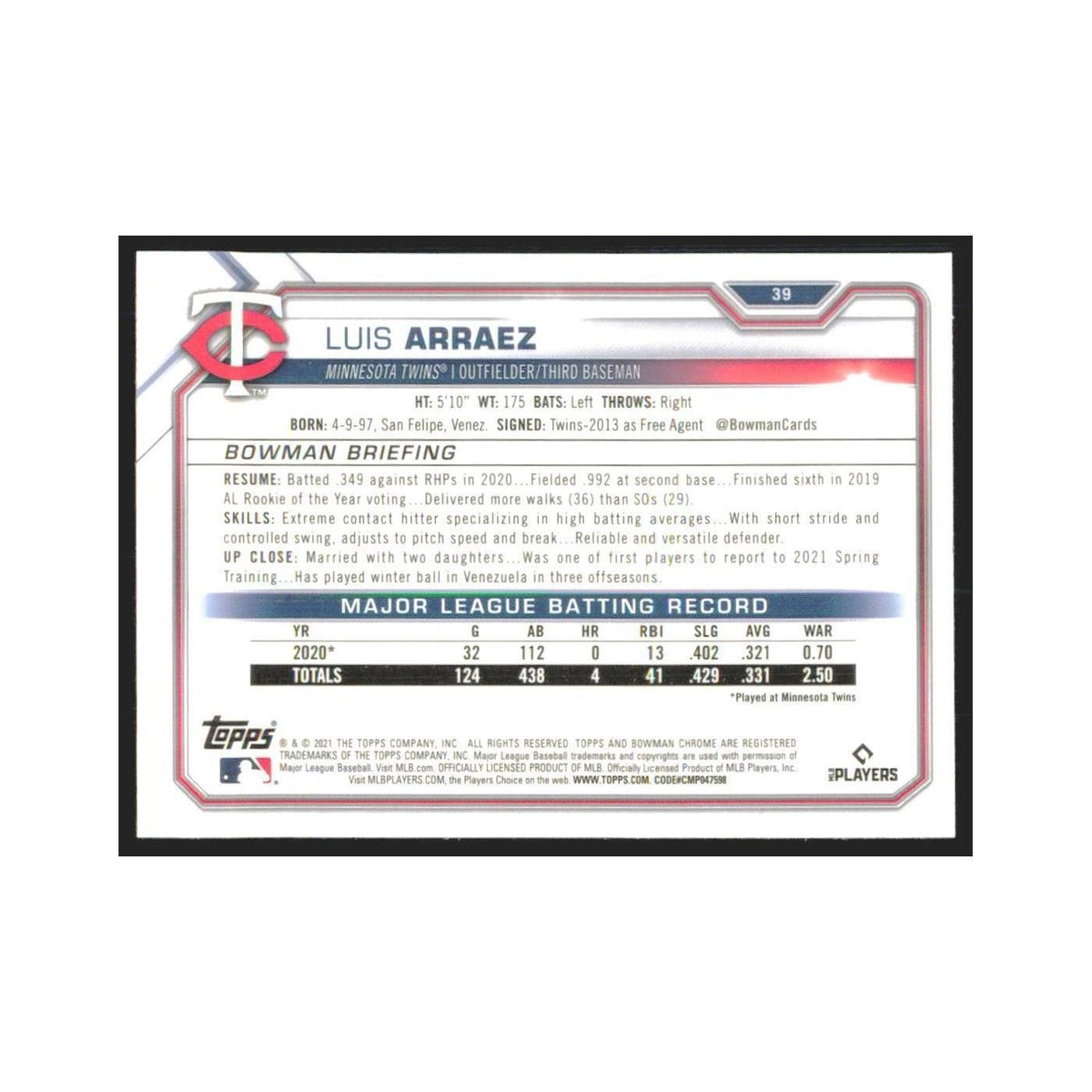 2021 Bowman Chrome Luis Arraez Twins #39