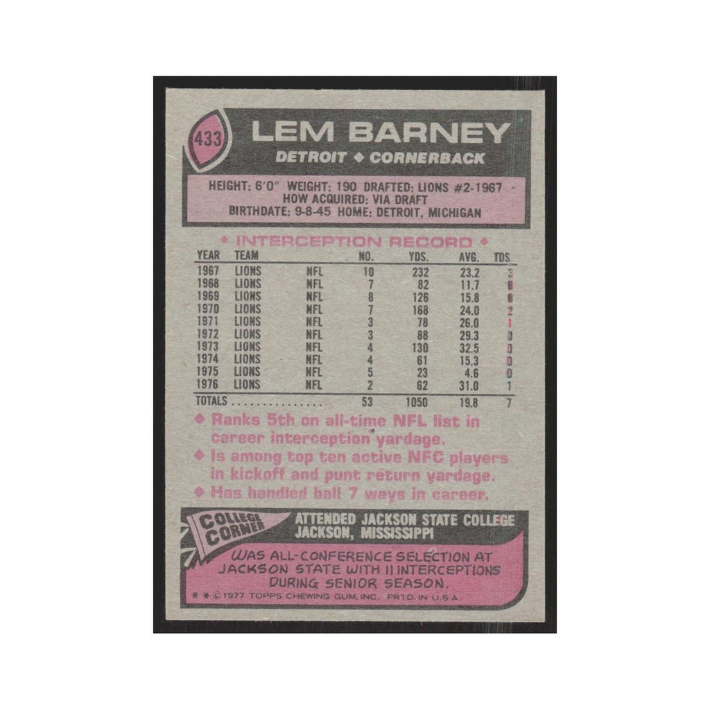 1977 Topps Lem Barney Lions #433
