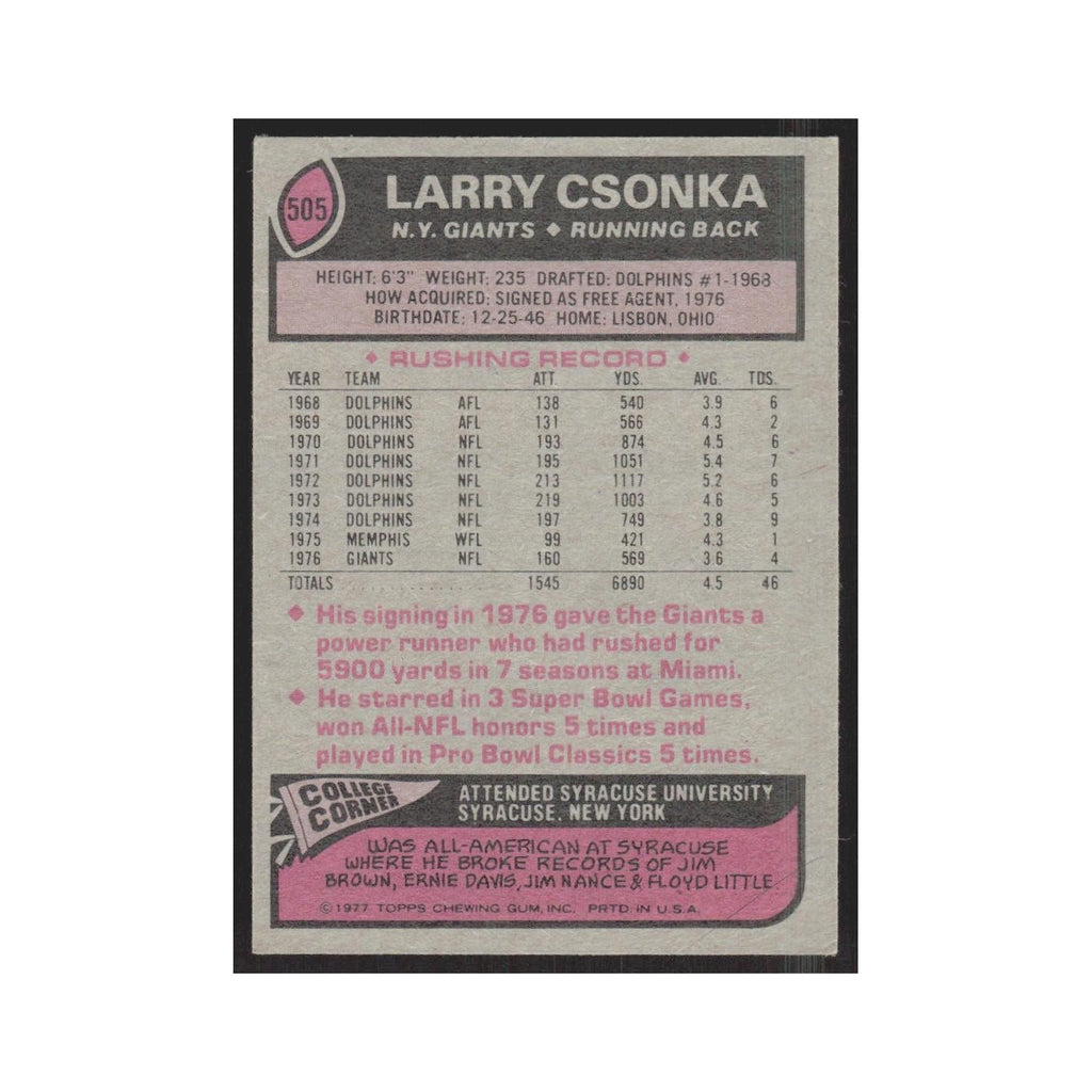 1977 Topps Larry Csonka Giants #505