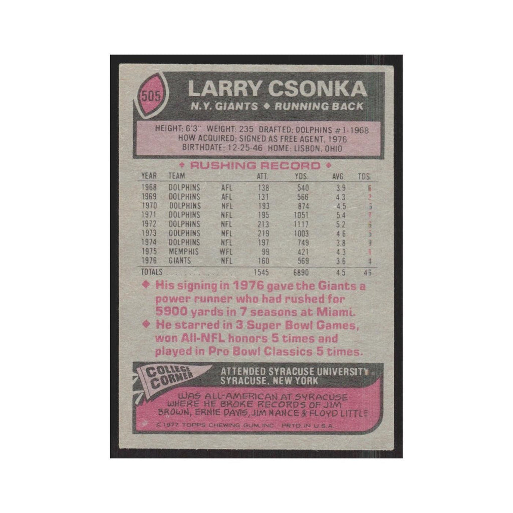 1977 Topps Larry Csonka Giants #505
