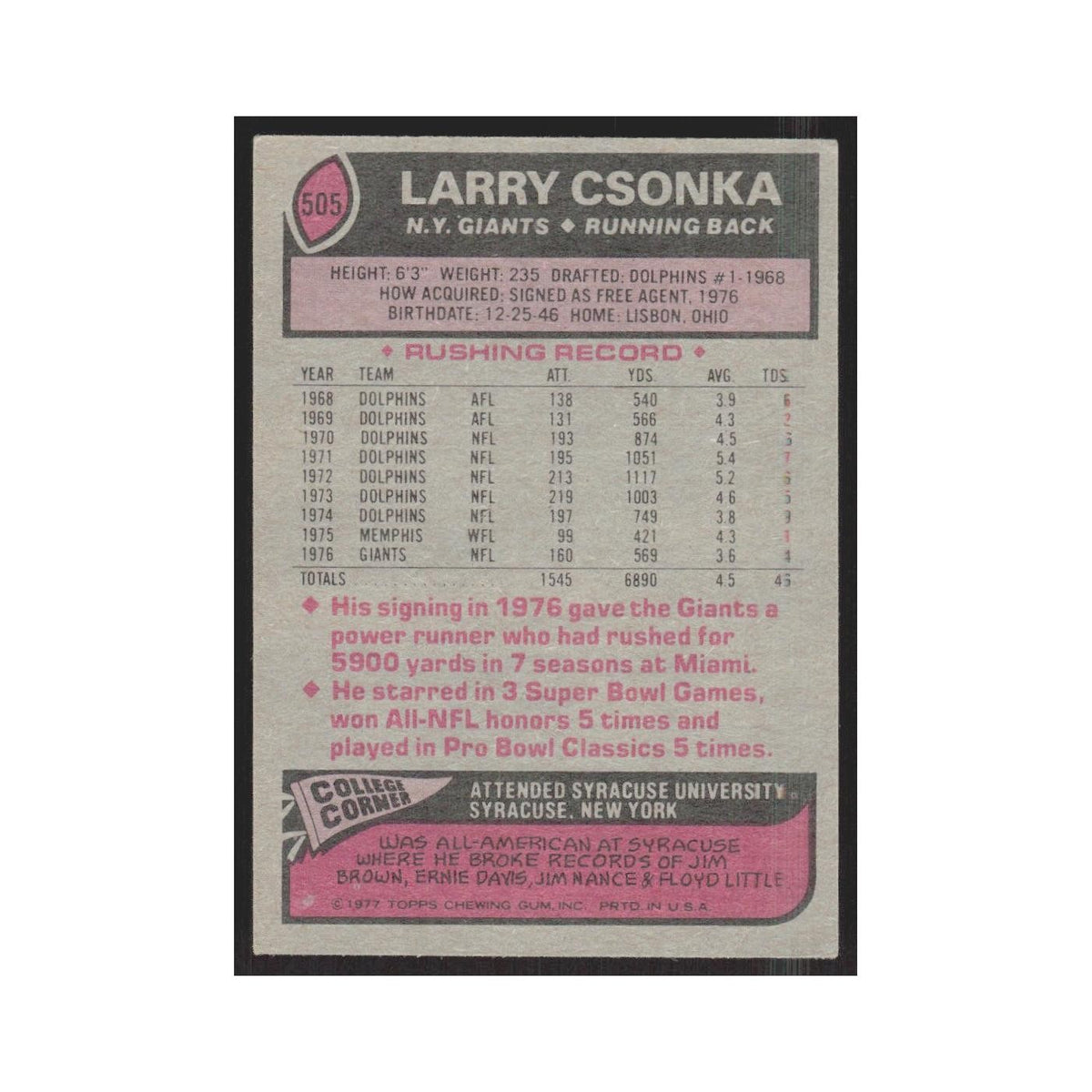 1977 Topps Larry Csonka Giants #505