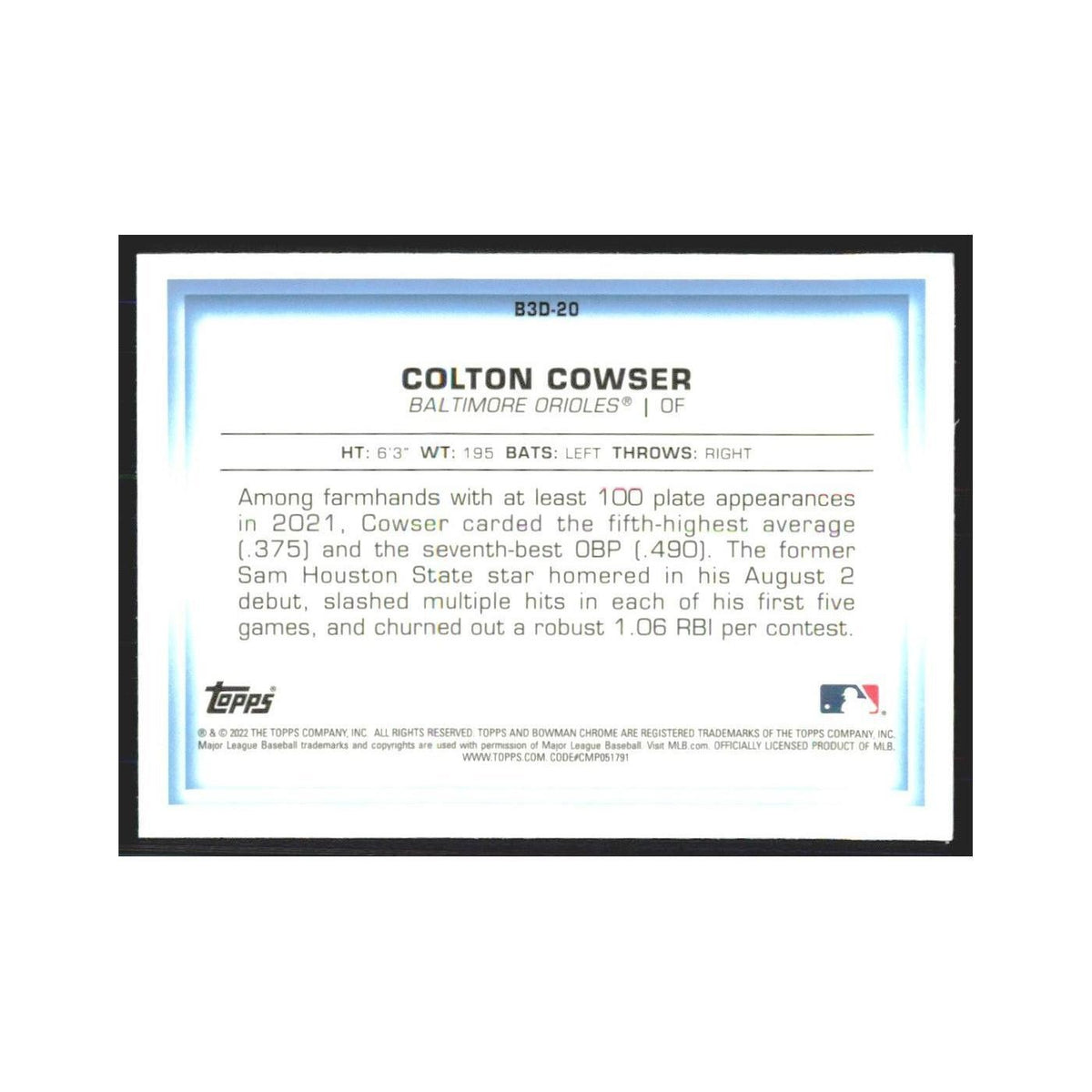 2022 Bowman Chrome Colton Cowser Orioles #B3D-20