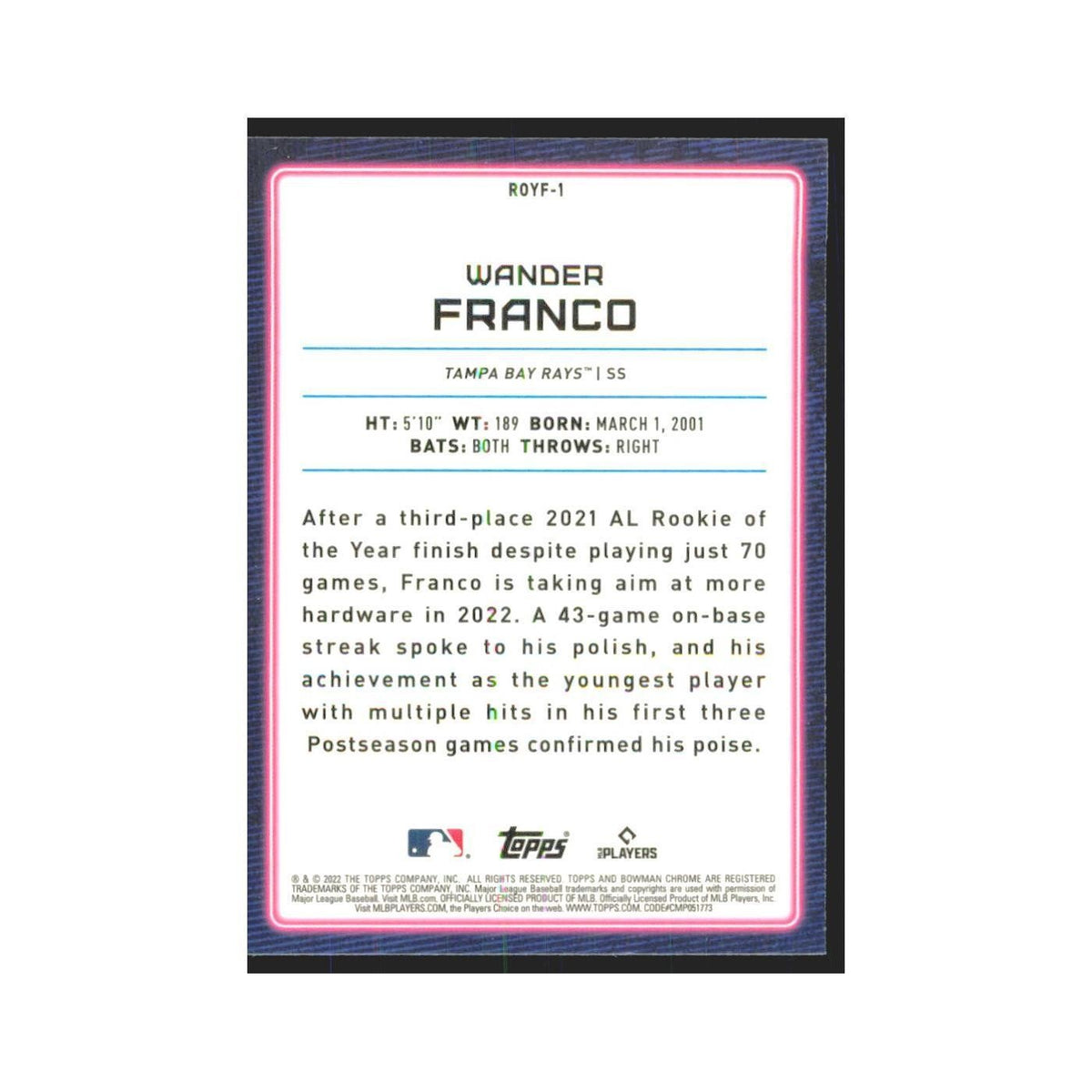 2022 Bowman Chrome Wander Franco RC Rays #ROYF-1