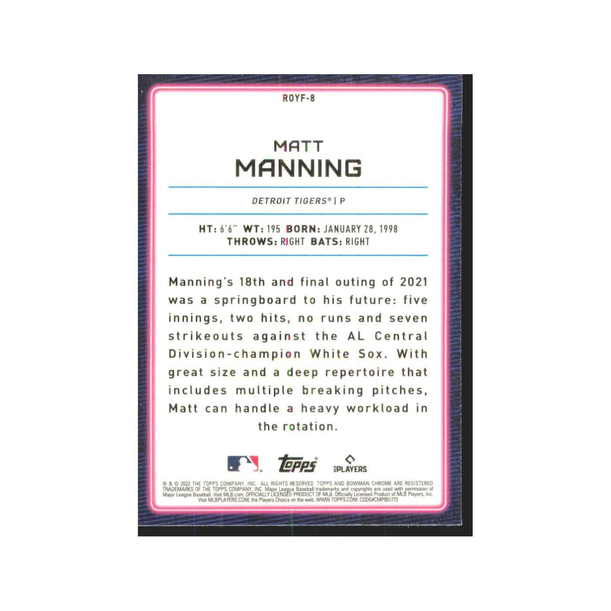 2022 Bowman Chrome Matt Manning RC Tigers #ROYF-8