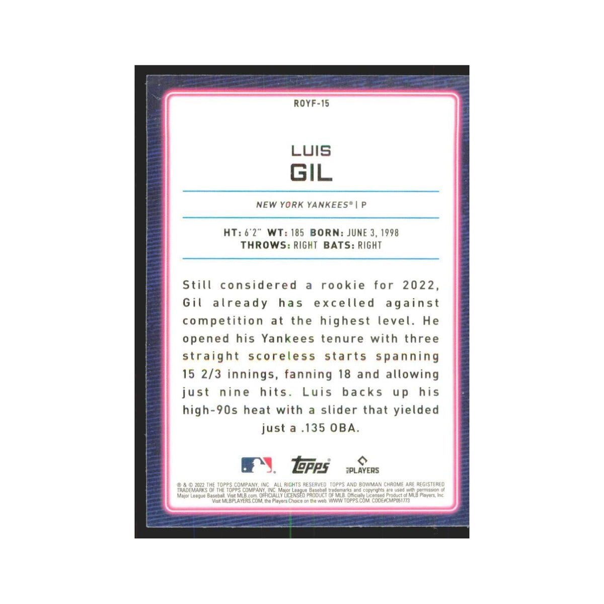 2022 Bowman Chrome Luis Gil RC Yankees #ROYF-15