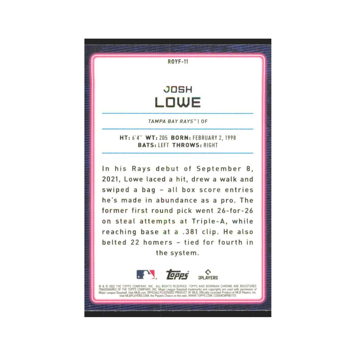 2022 Bowman Chrome Josh Lowe RC Rays #ROYF-11