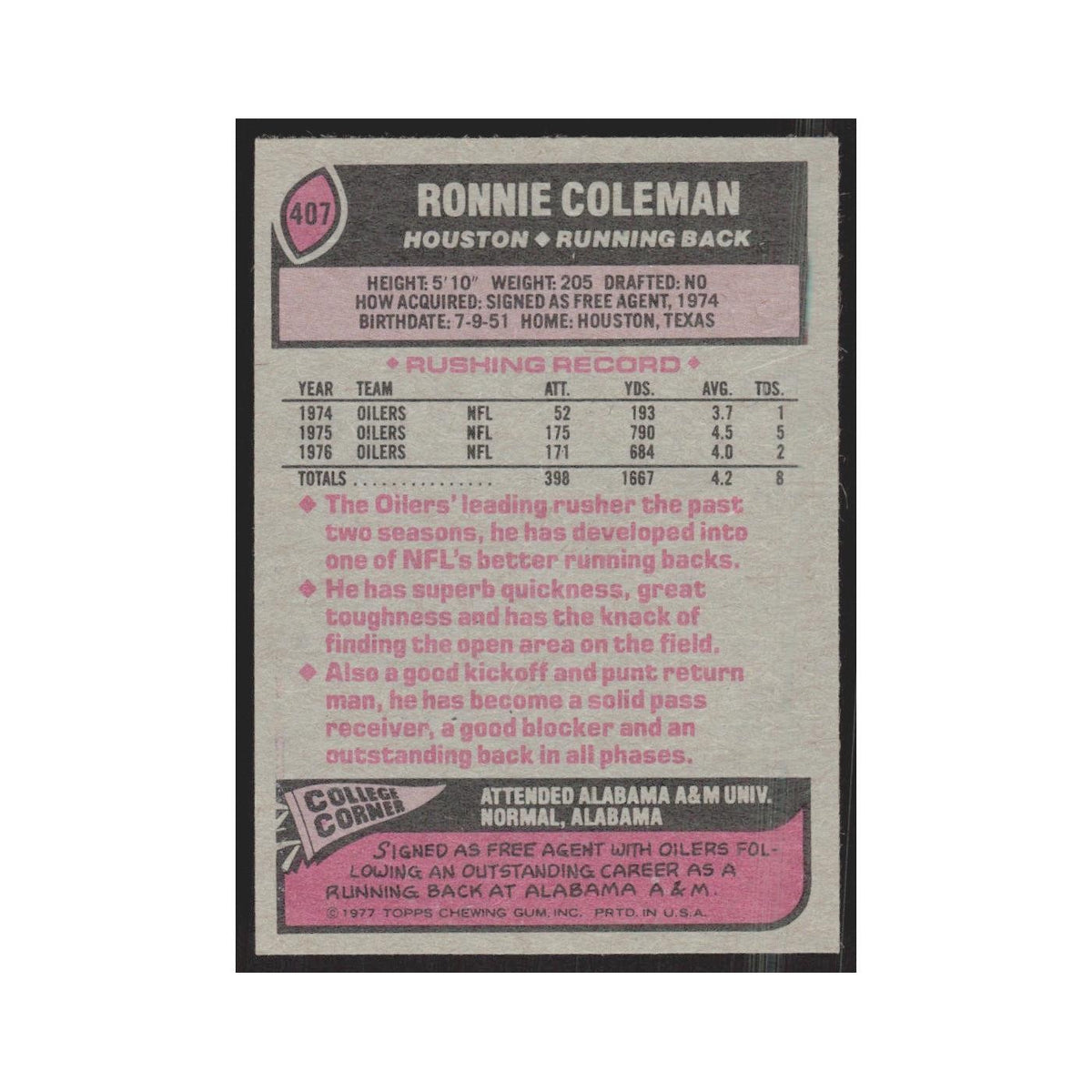 1977 Topps Ronnie Coleman Houston Oilers #407