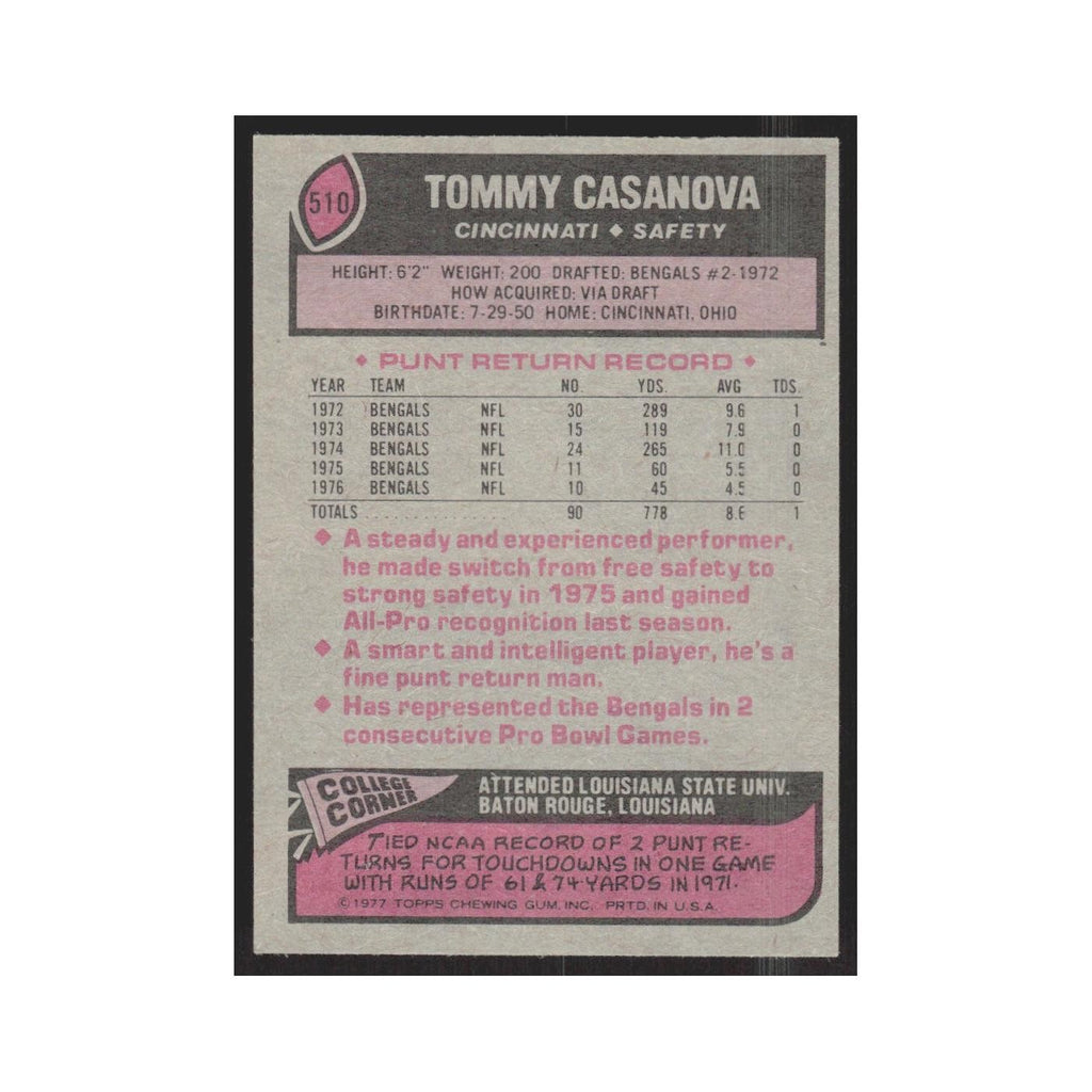 1977 Topps Tommy Casanova Bengals #510