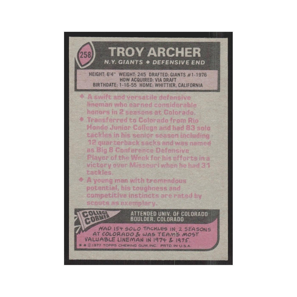 1977 Topps Troy Archer Giants #258