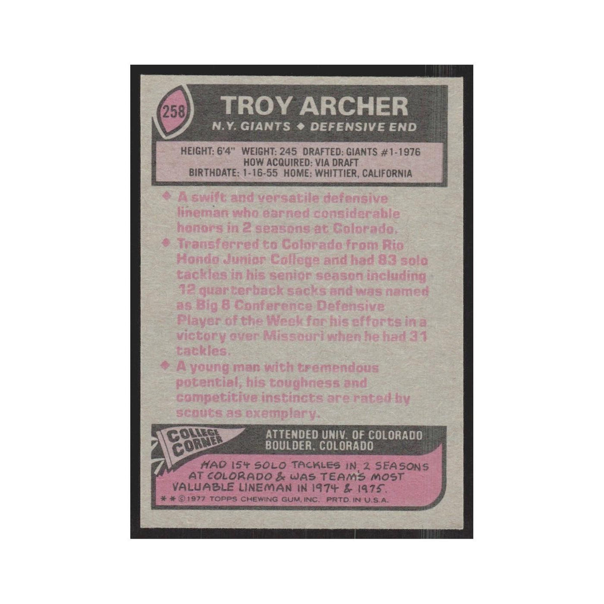 1977 Topps Troy Archer Giants #258