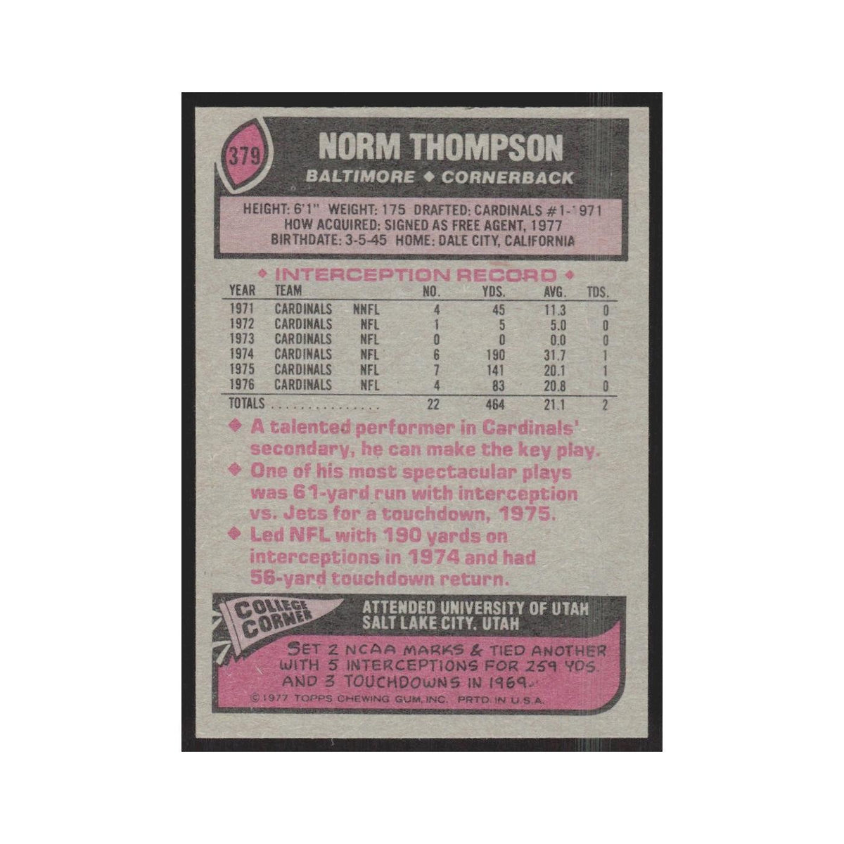 1977 Topps Norm Thompson Baltimore Colts #379