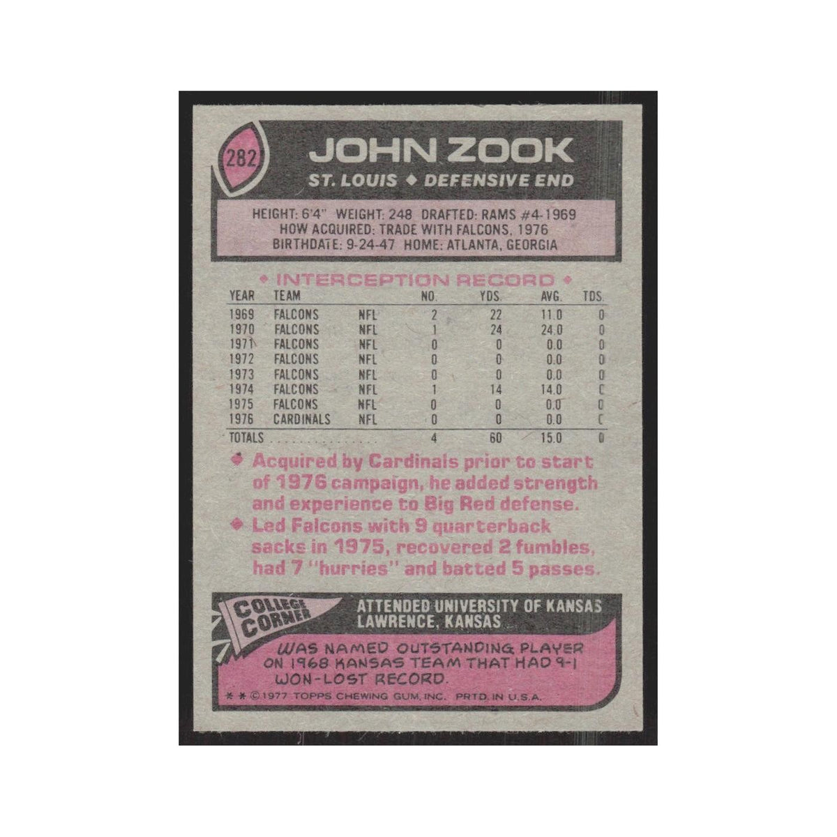1977 Topps John Zook Cardinals #282
