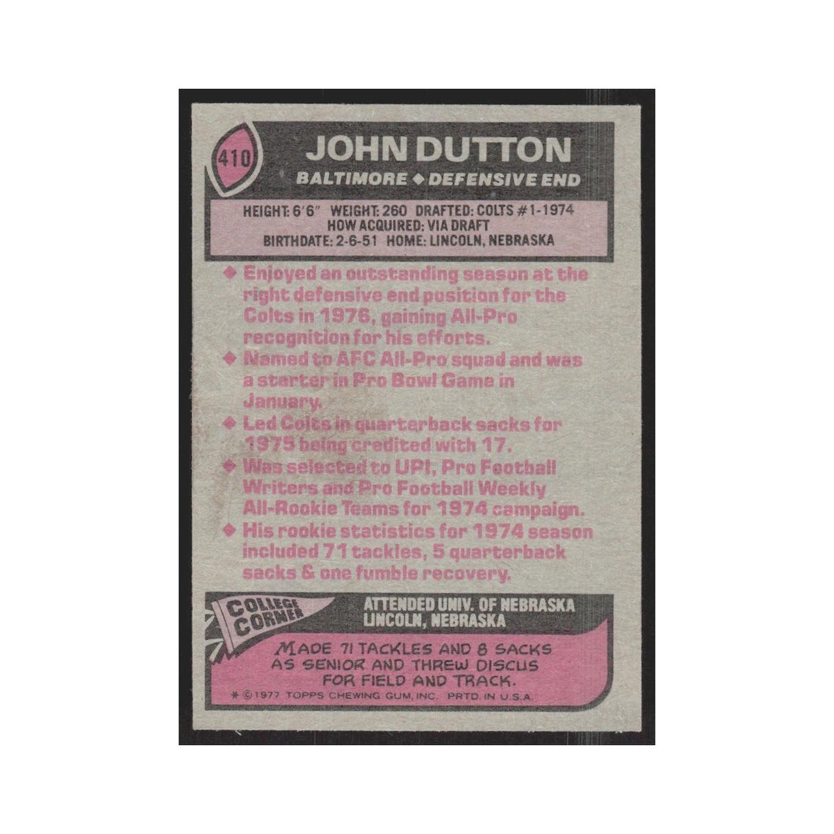 1977 Topps John Dutton Baltimore Colts #410