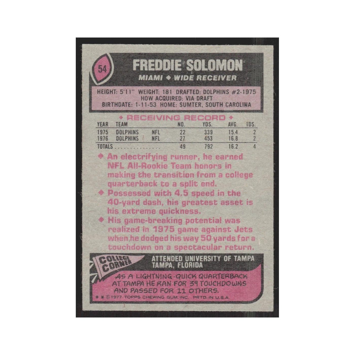1977 Topps Freddie Solomon Dolphins #54