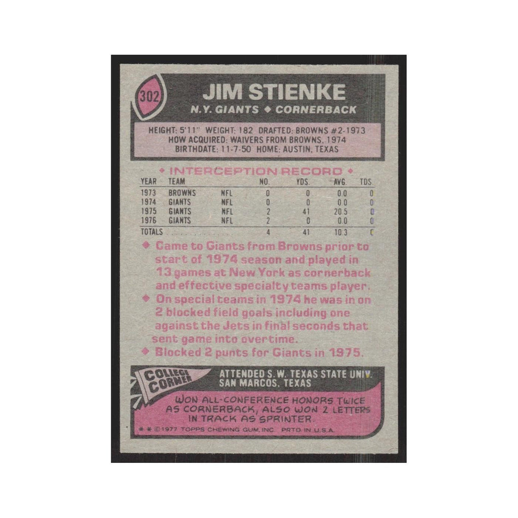 1977 Topps Jim Stienke Giants #302