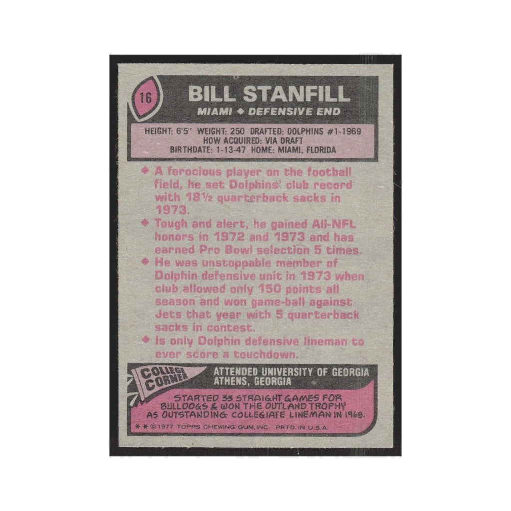 1977 Topps Bill Stanfill Dolphins #16