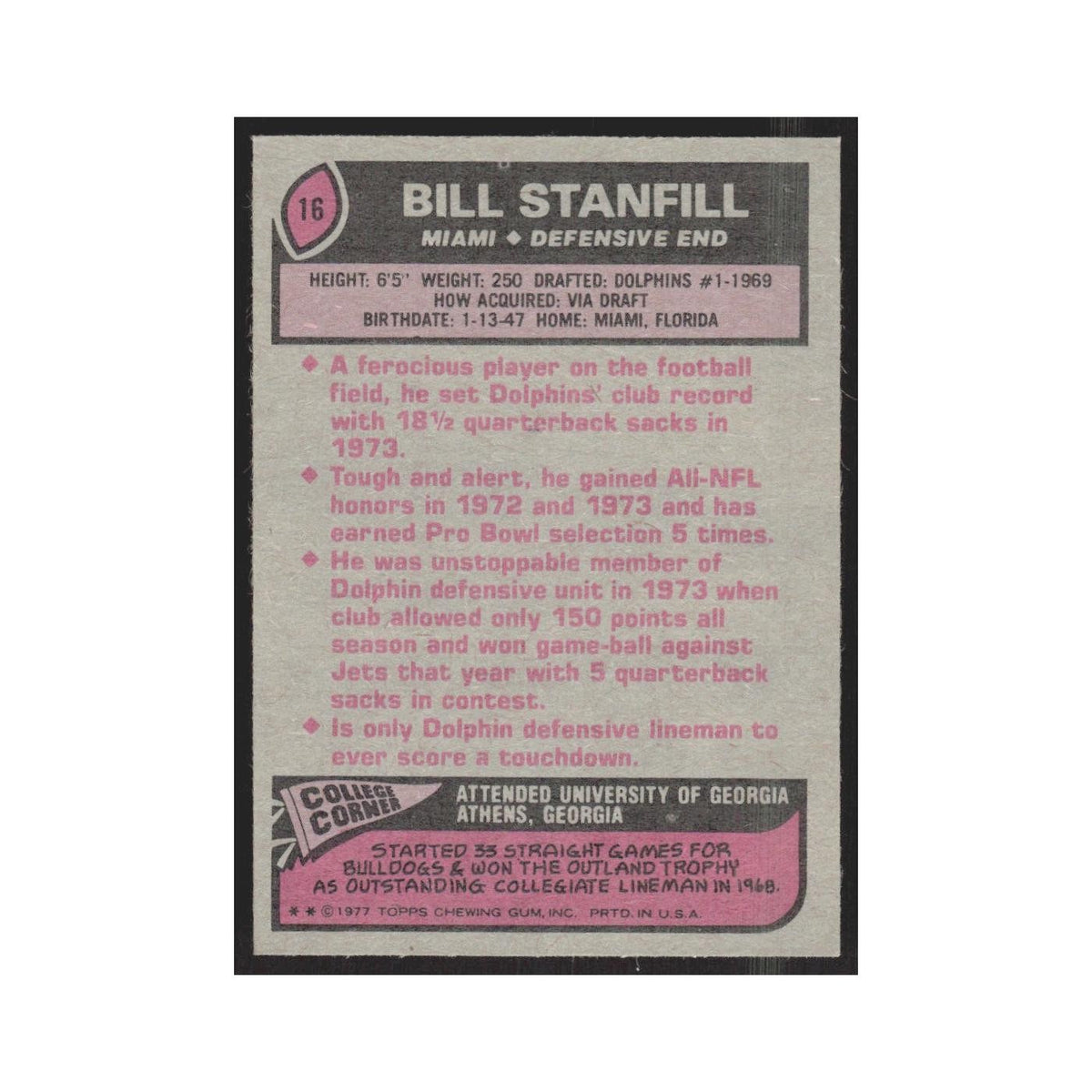 1977 Topps Bill Stanfill Dolphins #16