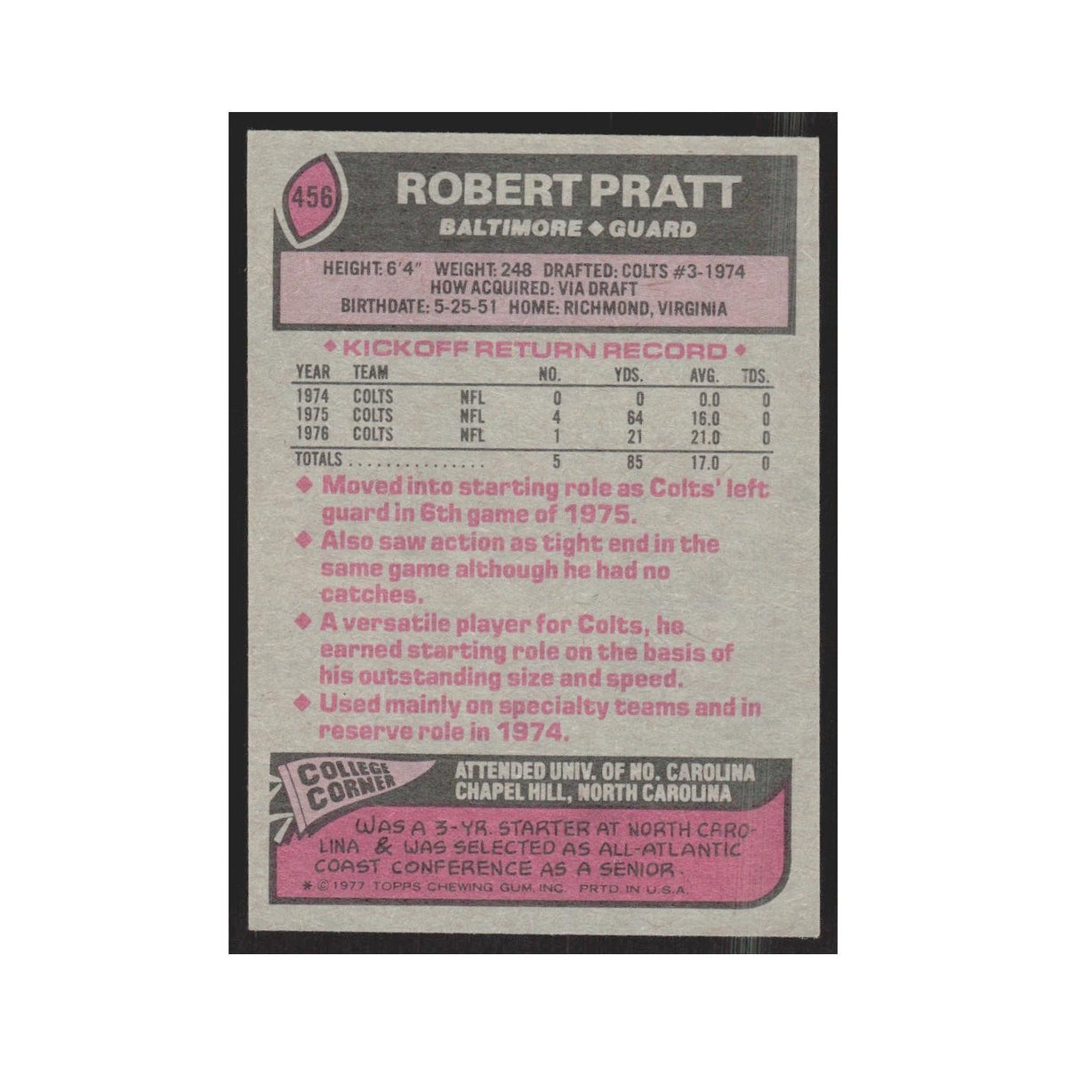 1977 Topps Robert Pratt Baltimore Colts #456