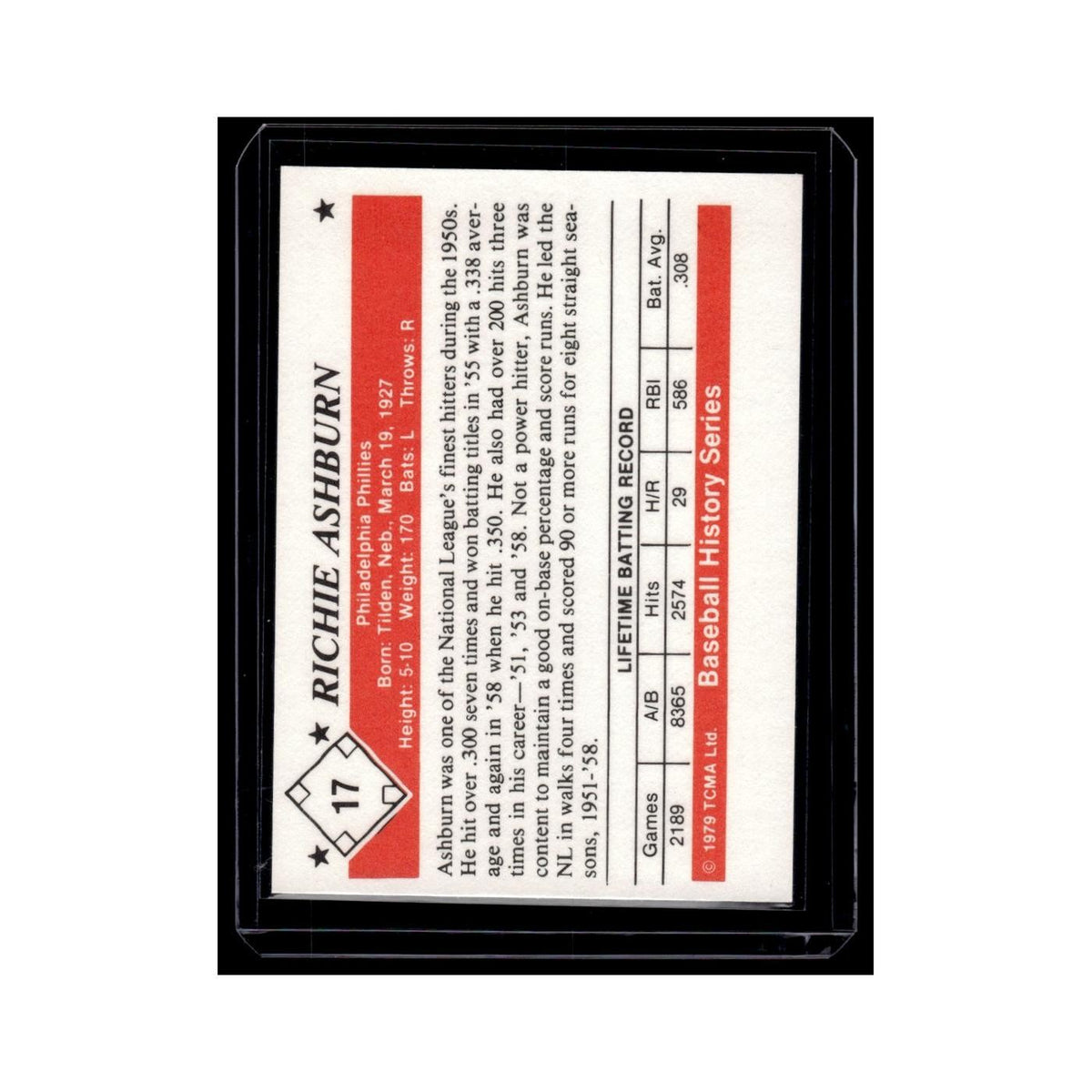 Richie Ashburn 1979 TCMA 50's #17 Philadelphia Phillies Baseball Card NM