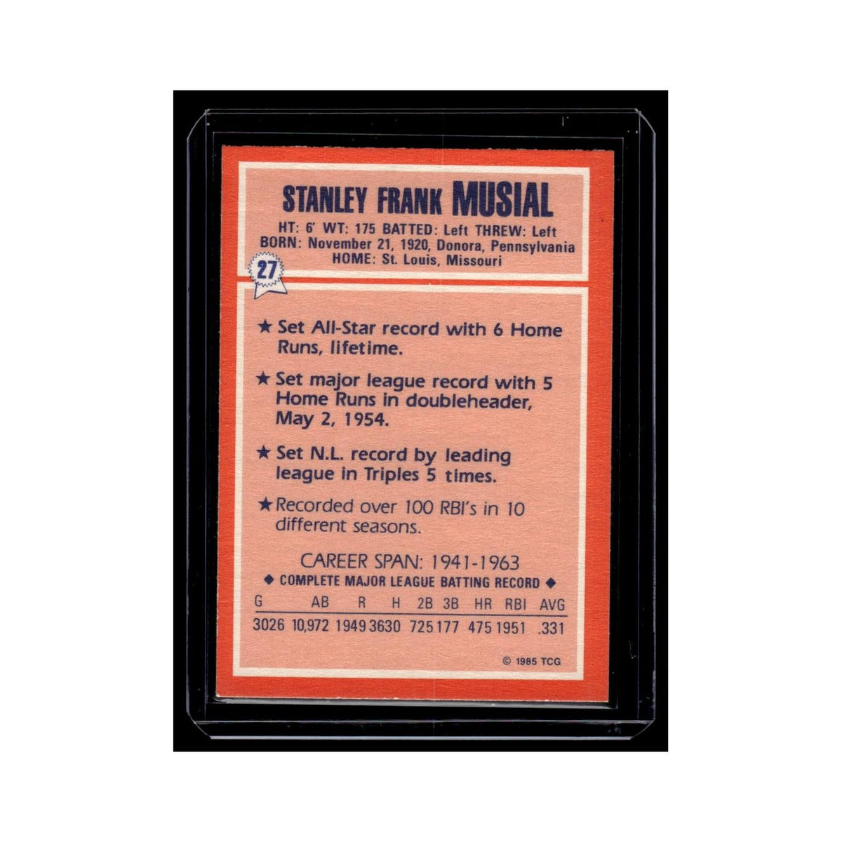 Stan Musial 1985 Topps Collectors Series #27 St. Louis Cardinals NM