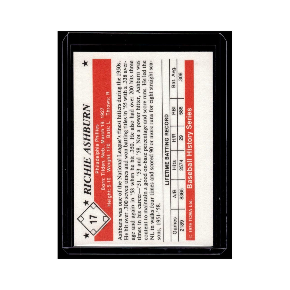 Richie Ashburn 1979 TCMA 50's #17 Philadelphia Phillies Baseball Card NM