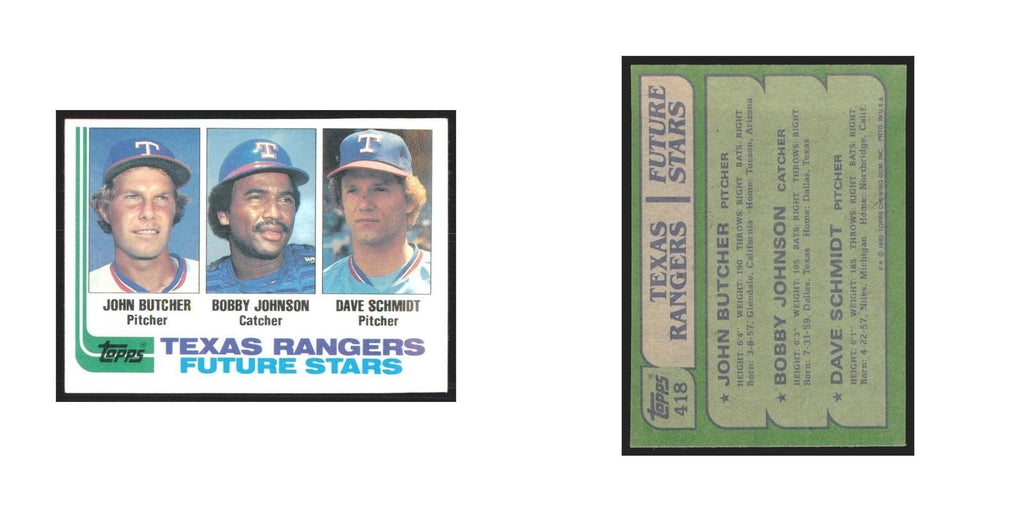 1982 Topps John Butcher/Bobby Johnson/Dave Schmidt Rangers #418