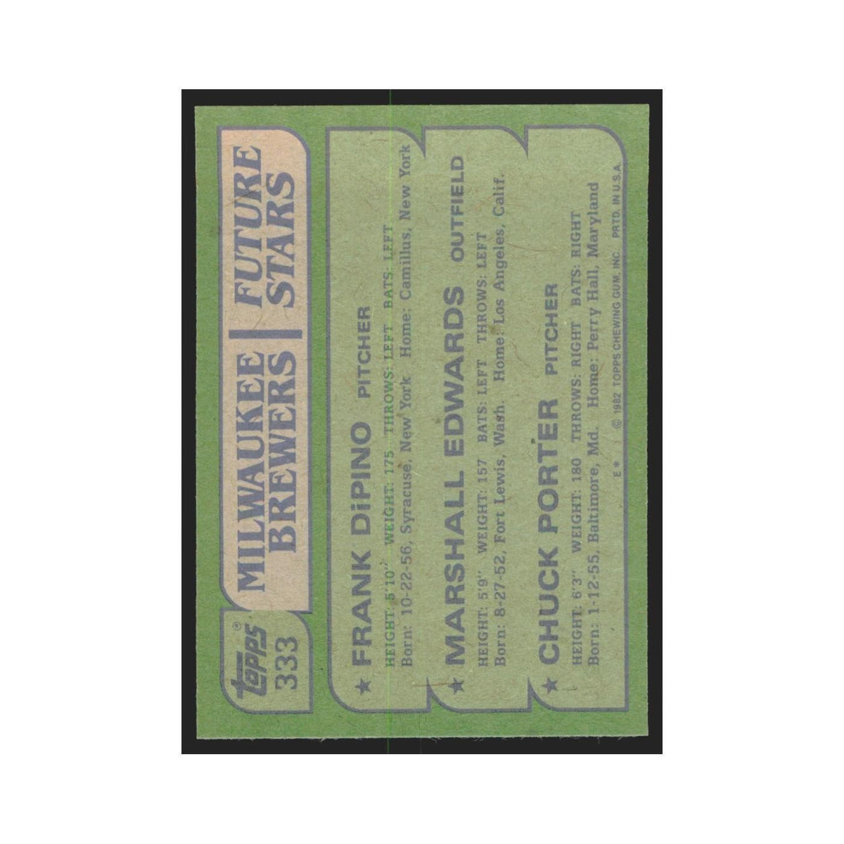 1982 Topps Frank DiPino/Marshall Edwards/Chuck Porter Brewers #333