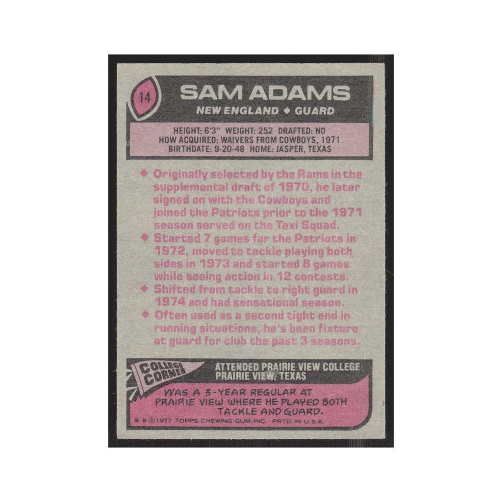 1977 Topps Sam Adams Patriots #14