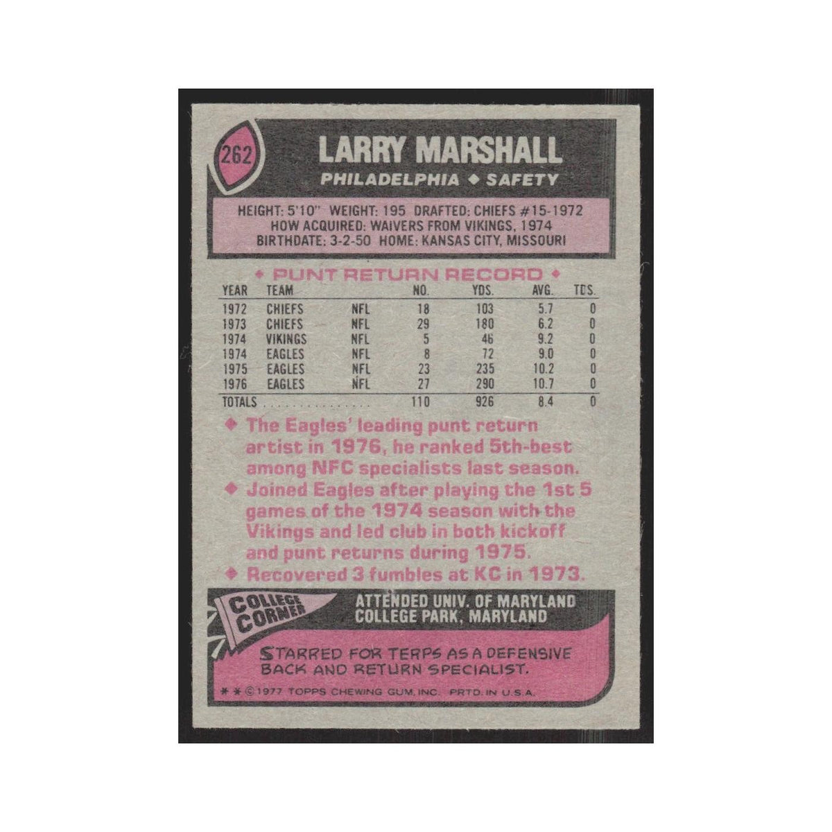1977 Topps Larry Marshall Eagles #262
