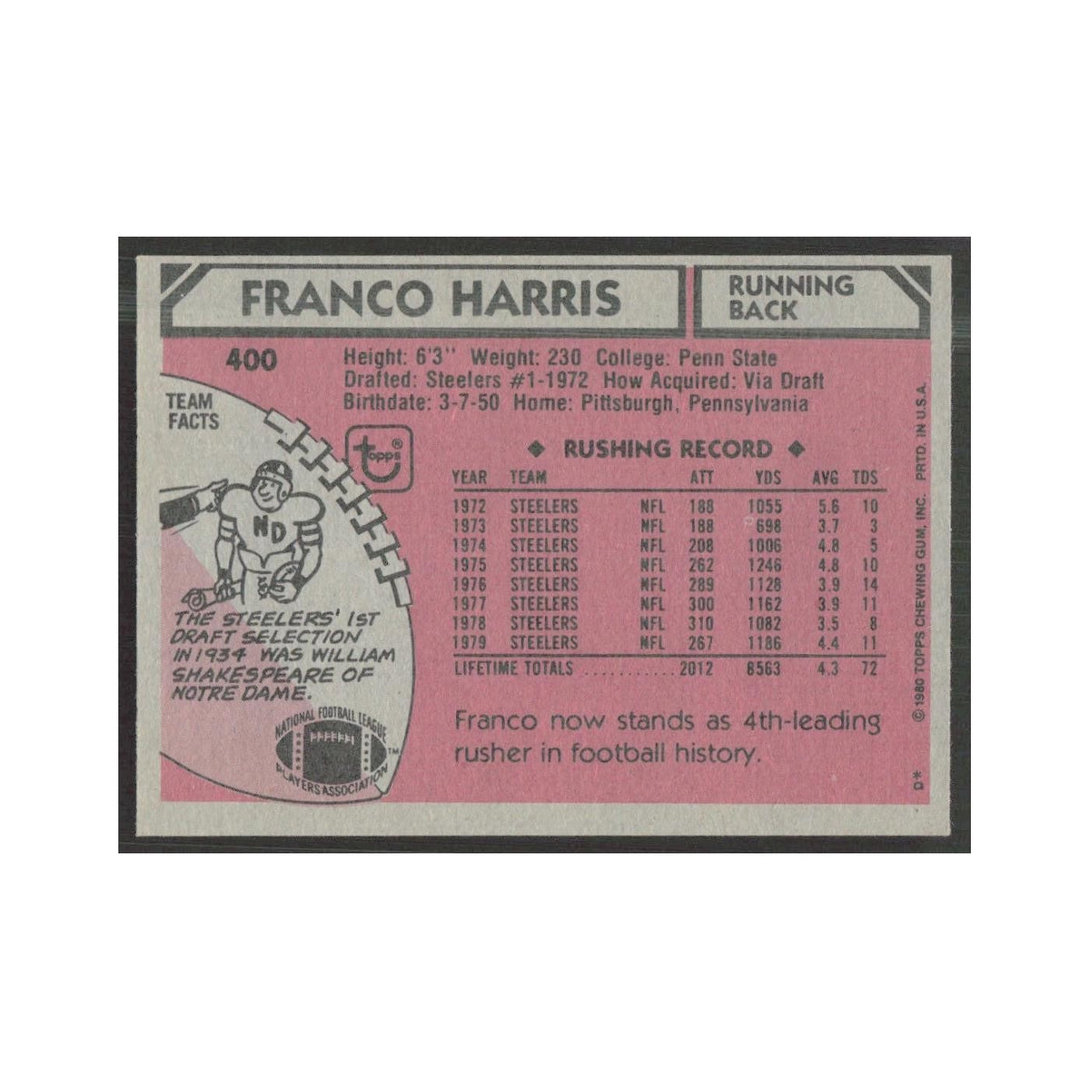 1980 Topps Franco Harris Steelers #400