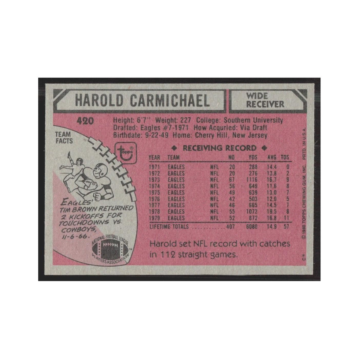 1980 Topps Harold Carmichael Eagles #420