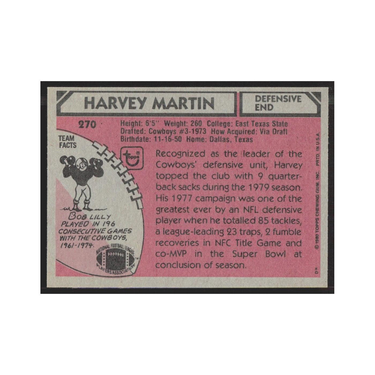 1980 Topps Harvey Martin Cowboys #270