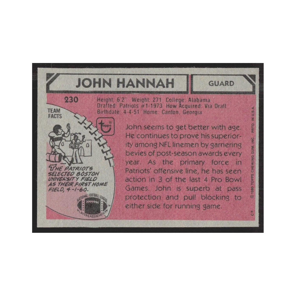 1980 Topps John Hannah Patriots #230