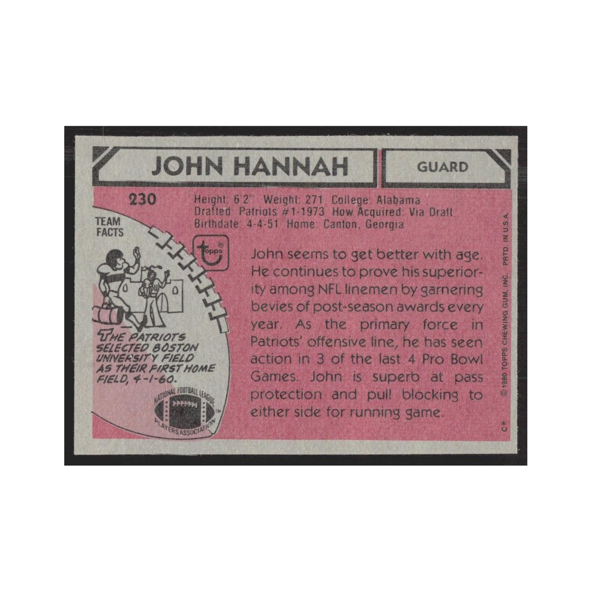 1980 Topps John Hannah Patriots #230