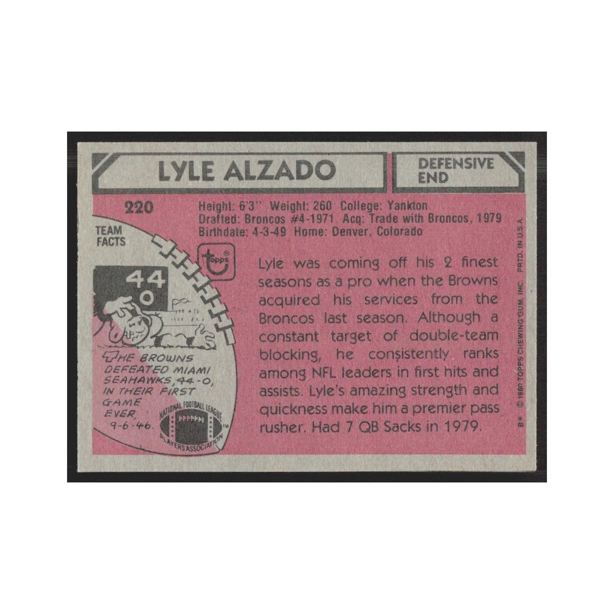 1980 Topps Lyle Alzado Browns #220