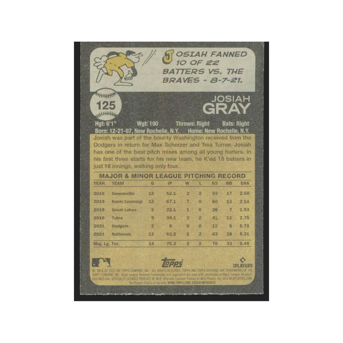 2022 Topps Heritage Josiah Gray RC Nationals #125