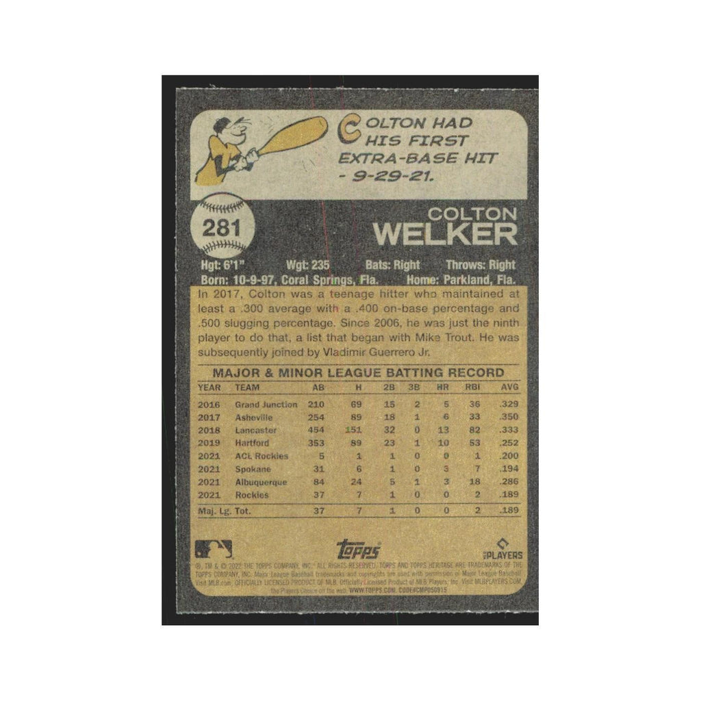 2022 Topps Heritage Colton Welker RC Rockies #281