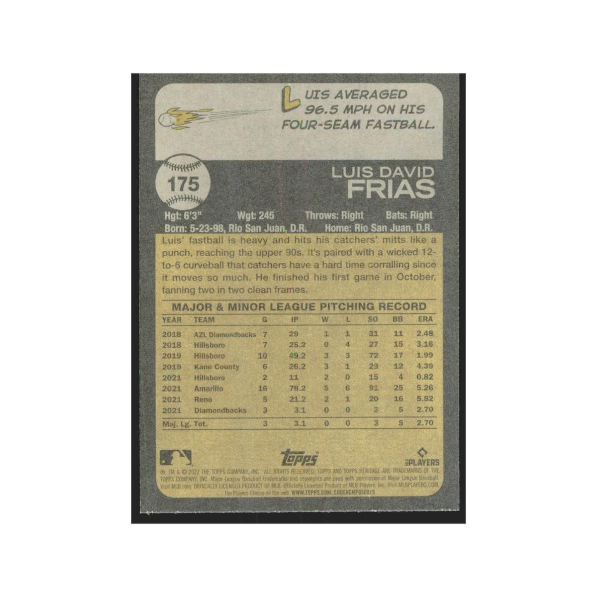 2022 Topps Heritage Luis Frias RC Diamondbacks #175