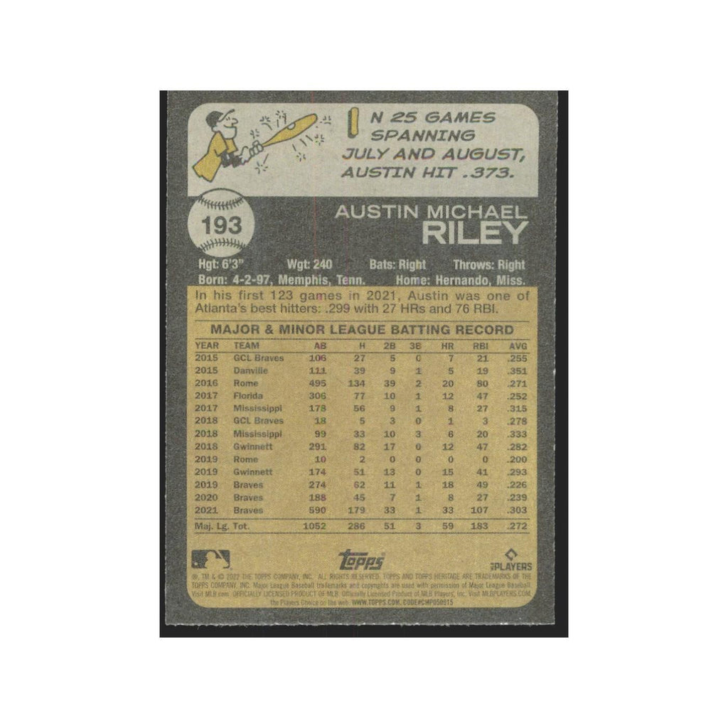 2022 Topps Heritage Austin Riley Braves #193
