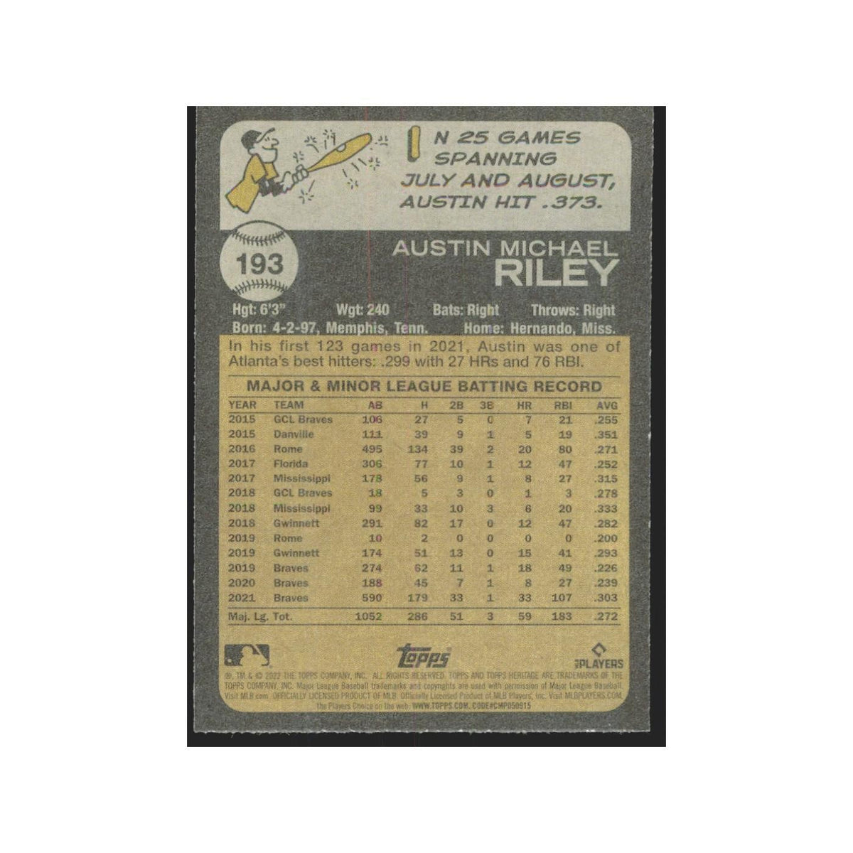 2022 Topps Heritage Austin Riley Braves #193
