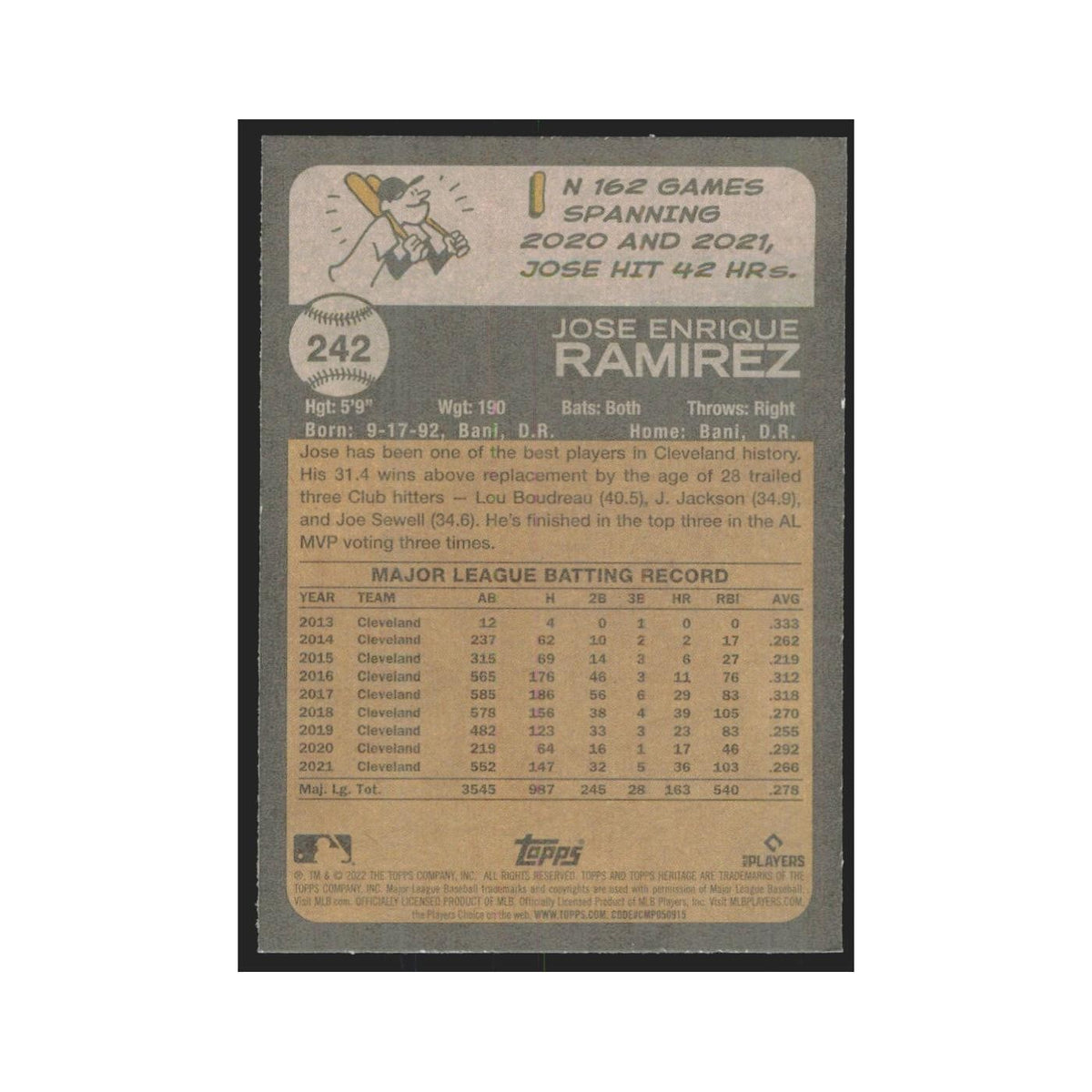 2022 Topps Heritage Jose Ramirez Guardians #242