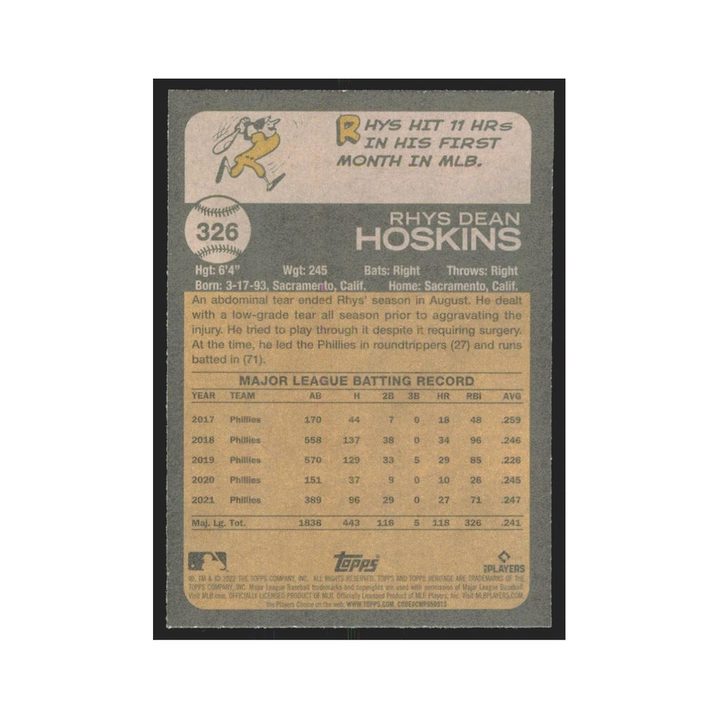 2022 Topps Heritage Rhys Hoskins Phillies #326