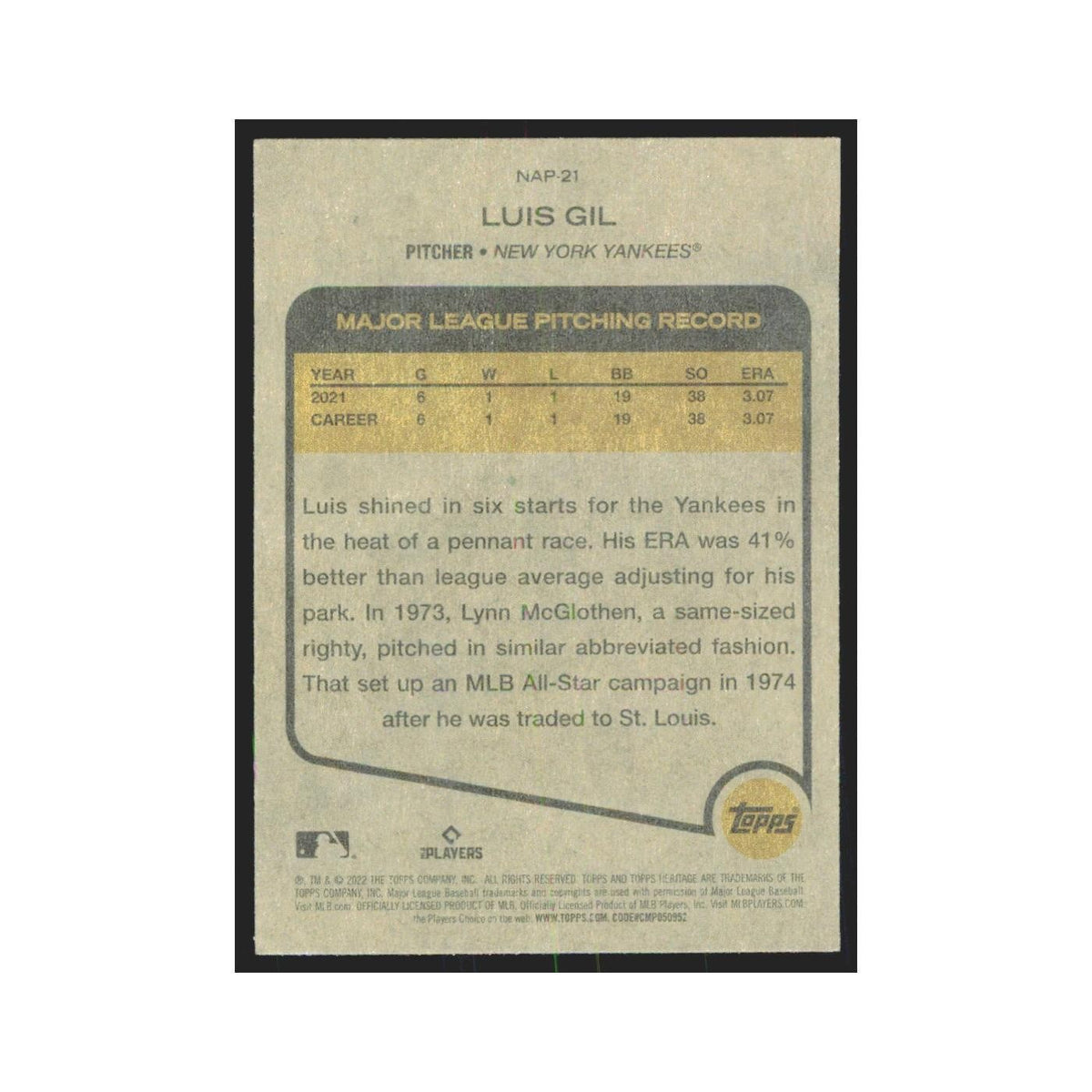 2022 Topps Heritage Luis Gil Yankees #NAP-21