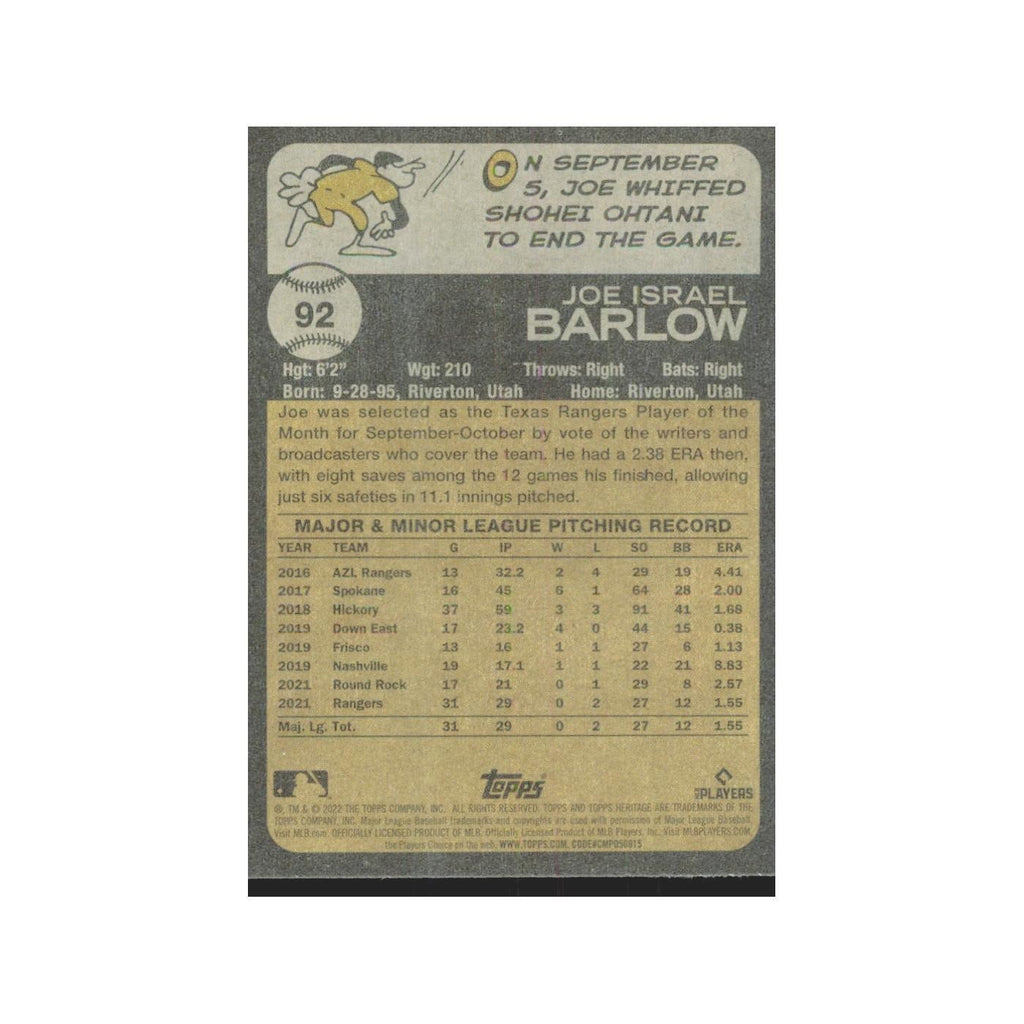 2022 Topps Heritage Joe Barlow RC Rangers #92