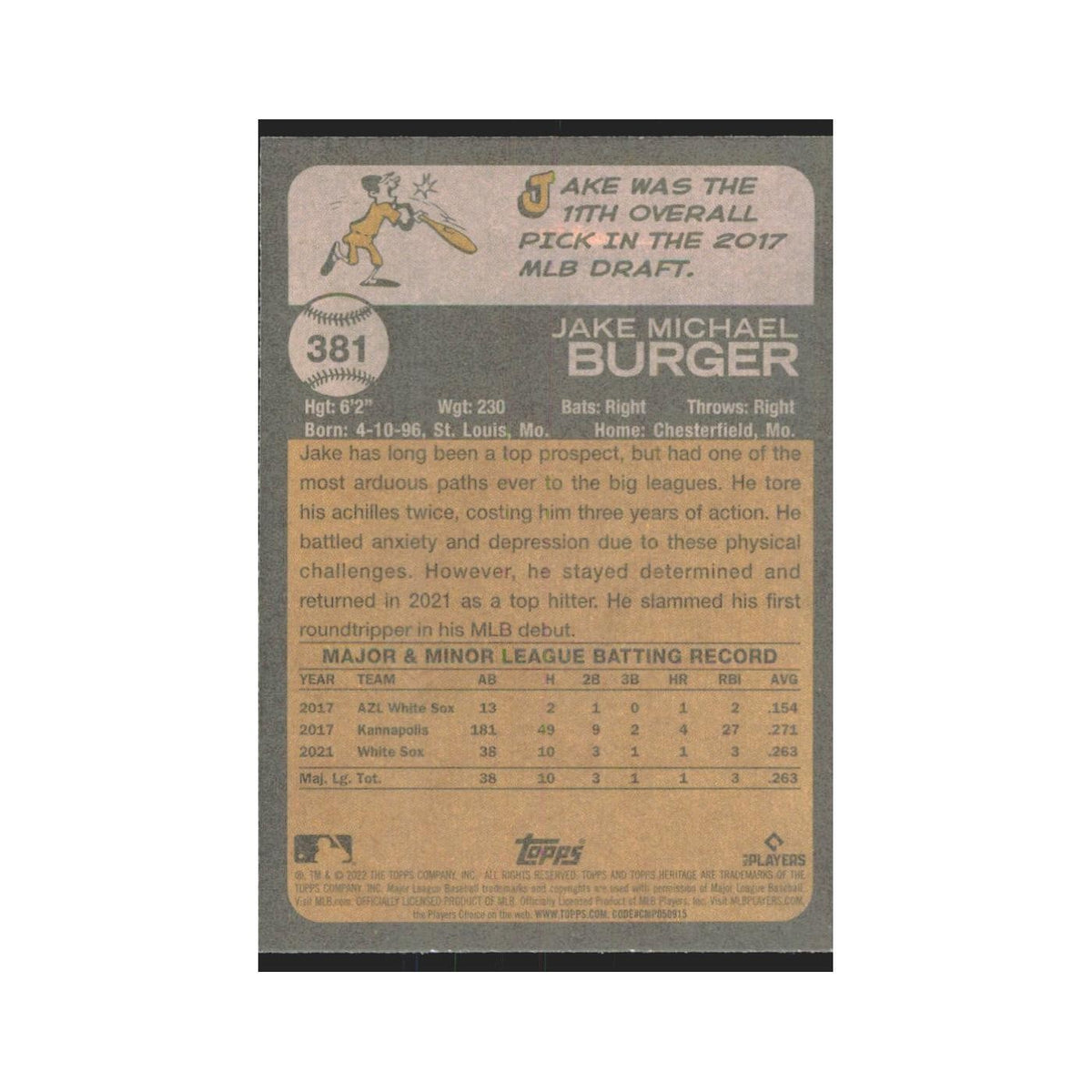 2022 Topps Heritage Jake Burger RC White Sox #381