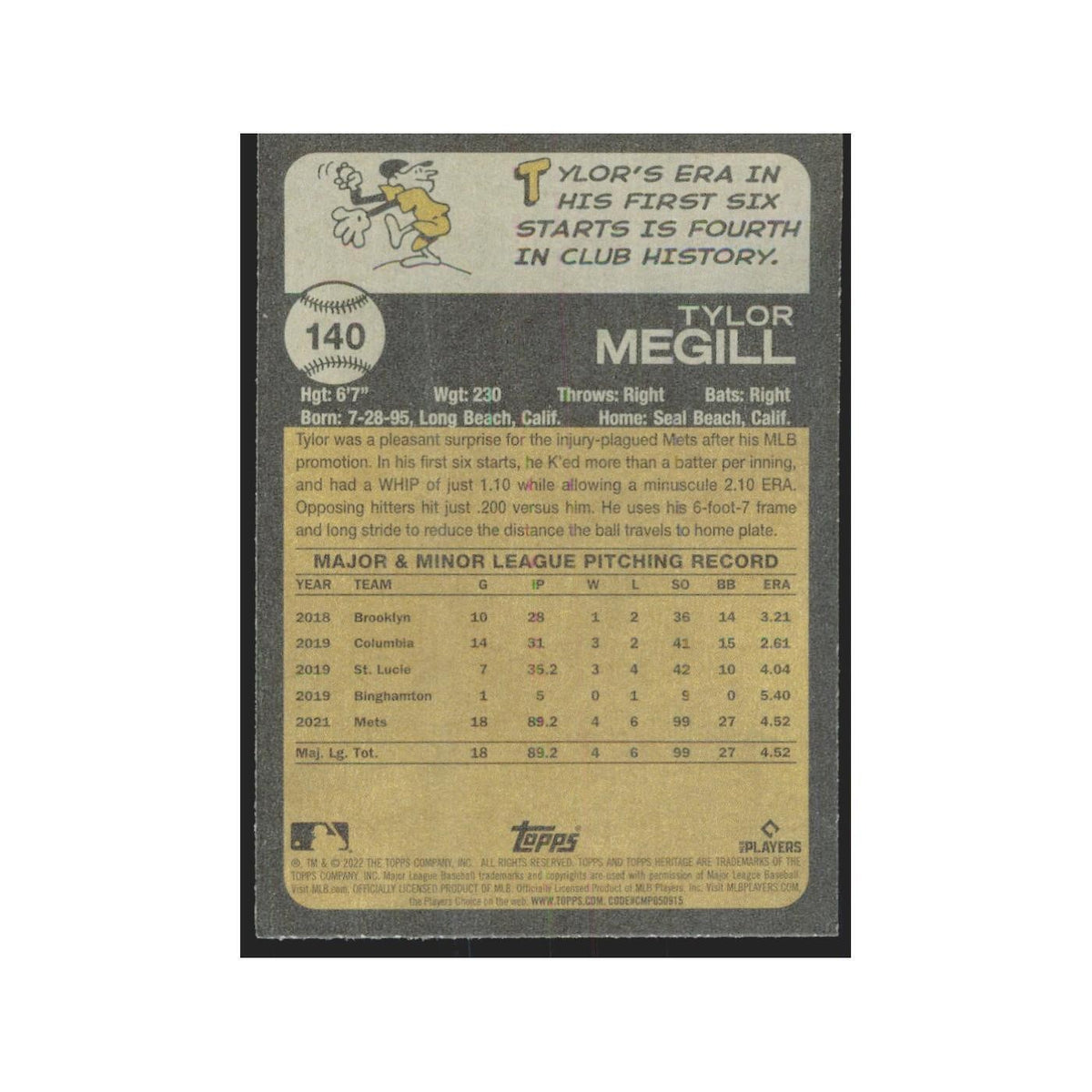 2022 Topps Heritage Tylor Megill RC Mets #140