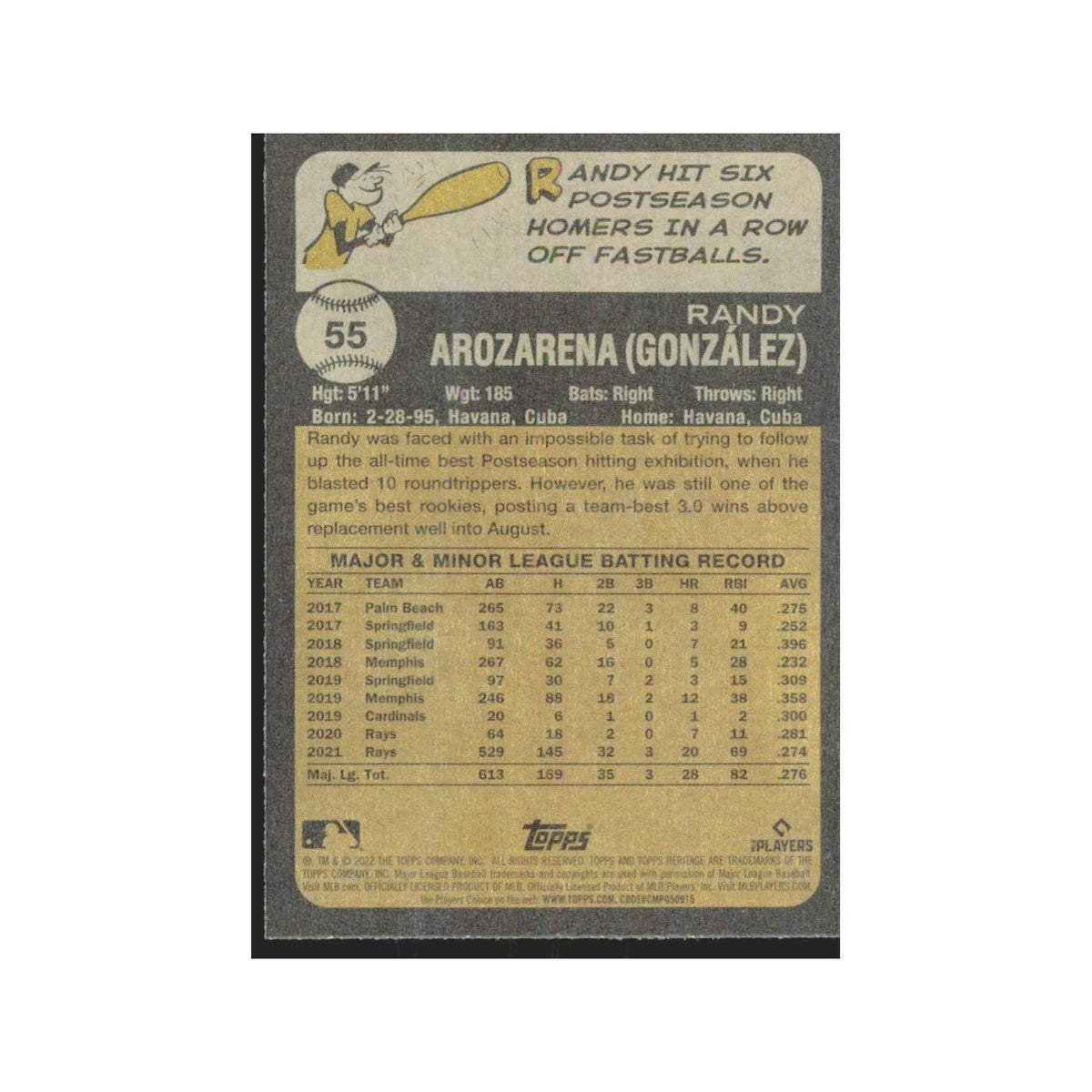 2022 Topps Heritage Randy Arozarena Rays #55