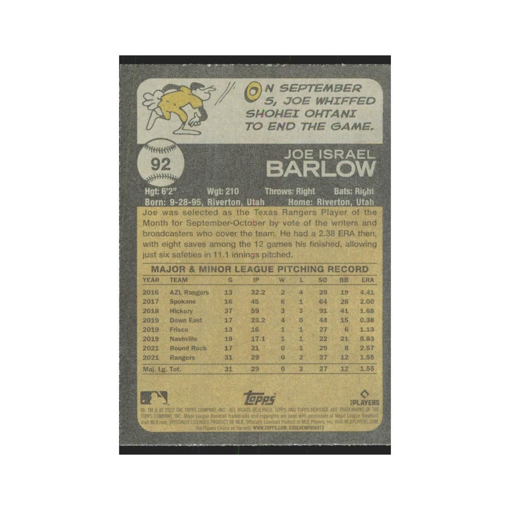 2022 Topps Heritage Joe Barlow RC Rangers #92